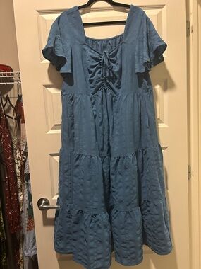 BloomChic Dusty Blue Tiered Maxi Dress with Tie Front